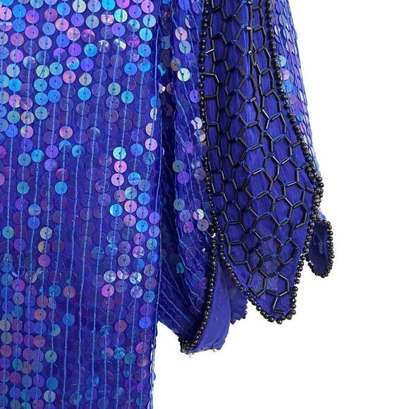 Vintage Stenay Silk Sequin Top V-Neck Short Sleeve Blue Small 80s - Picture 4 of 8